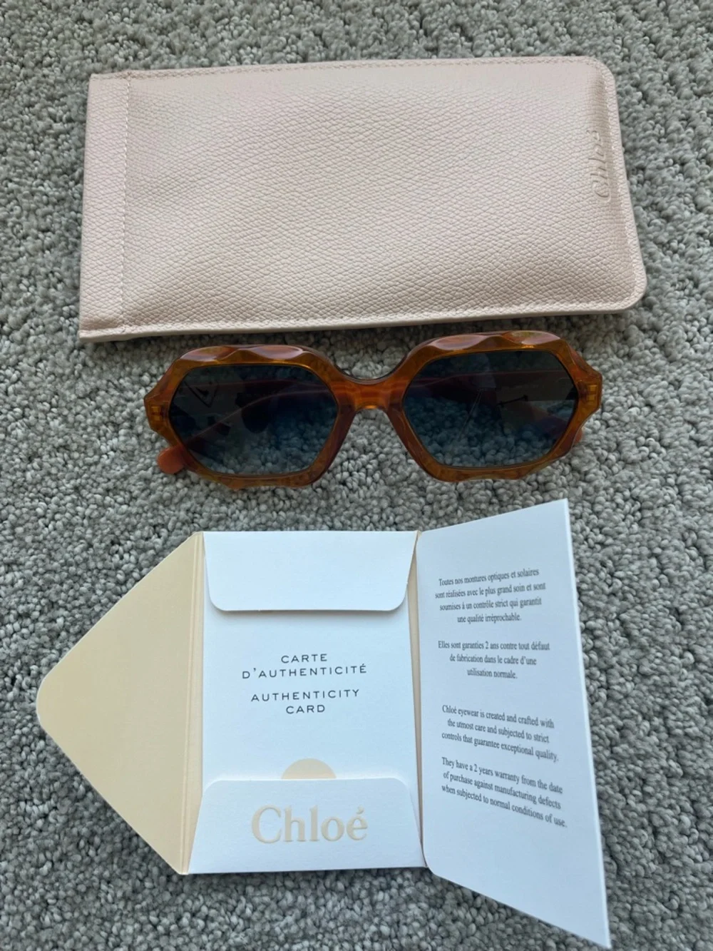 NWOT Chloe Orange Hexagon Frame Sunglasses case, cert of authenticity included - Picture 2 of 13